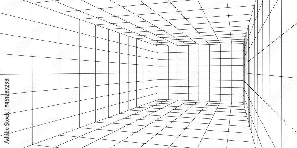 Wireframe room on the white background. Vector perspective grid. Box with digital space. - obrazy, fototapety, plakaty 