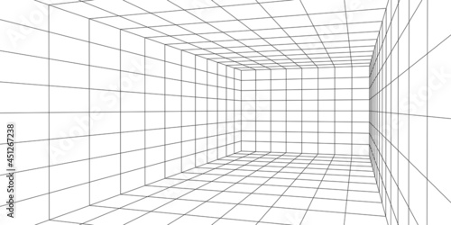 Wireframe room on the white background. Vector perspective grid. Box with digital space. photo