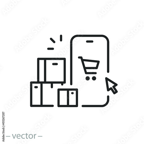 online shipping icon, ecommerce, click with collect order, phone consumer, pick and receive box, thin line symbol on white background - editable stroke vector illustration eps10