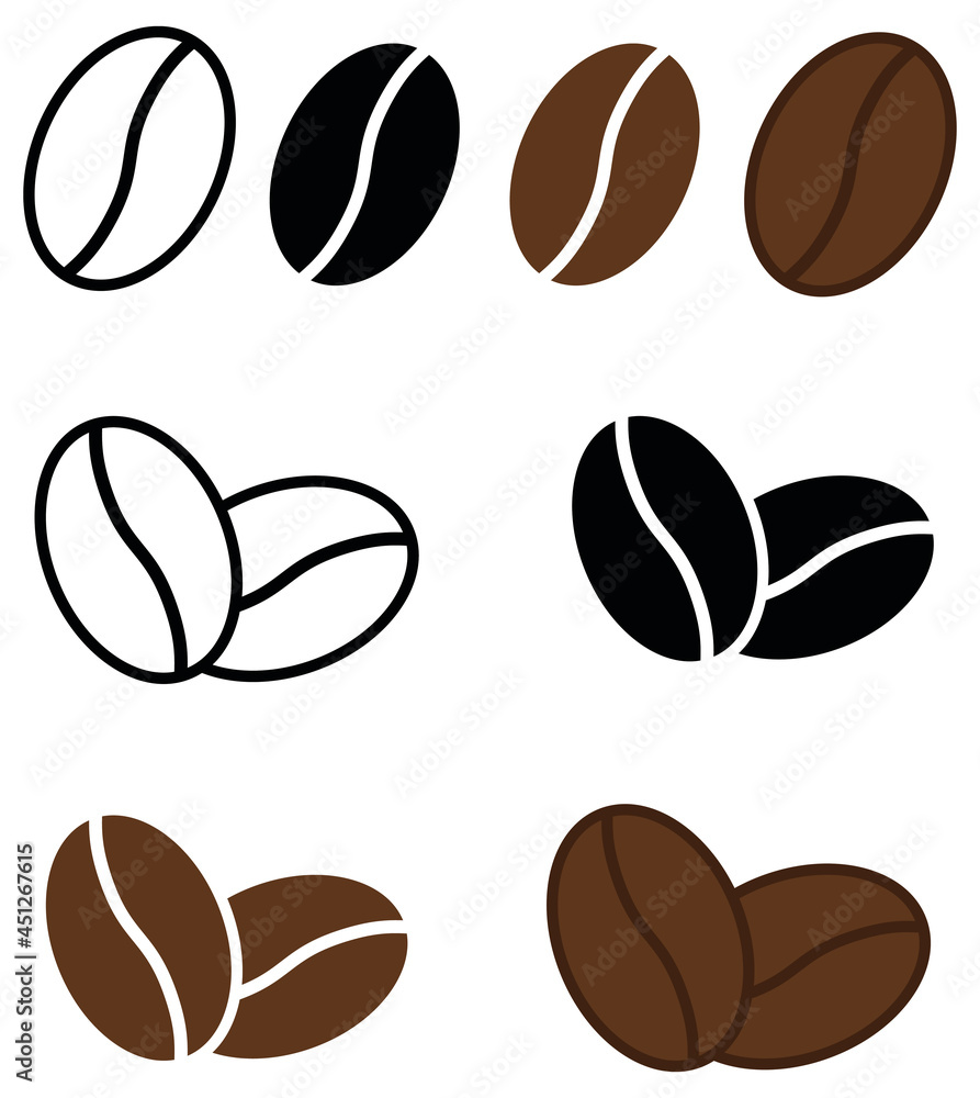 Coffee Bean Outline and Silhouette Clipart Stock Vector