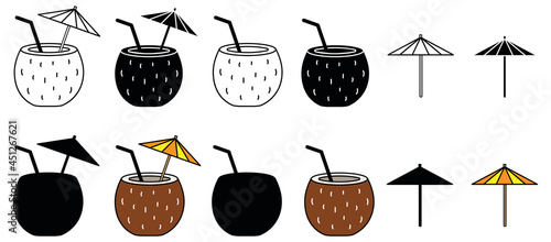 Tropical Coconut Drink Clipart Set - Outline, Silhouette and Color