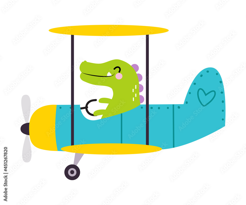 Obraz premium Cute Green Crocodile Flying on Airplane with Propeller Vector Illustration