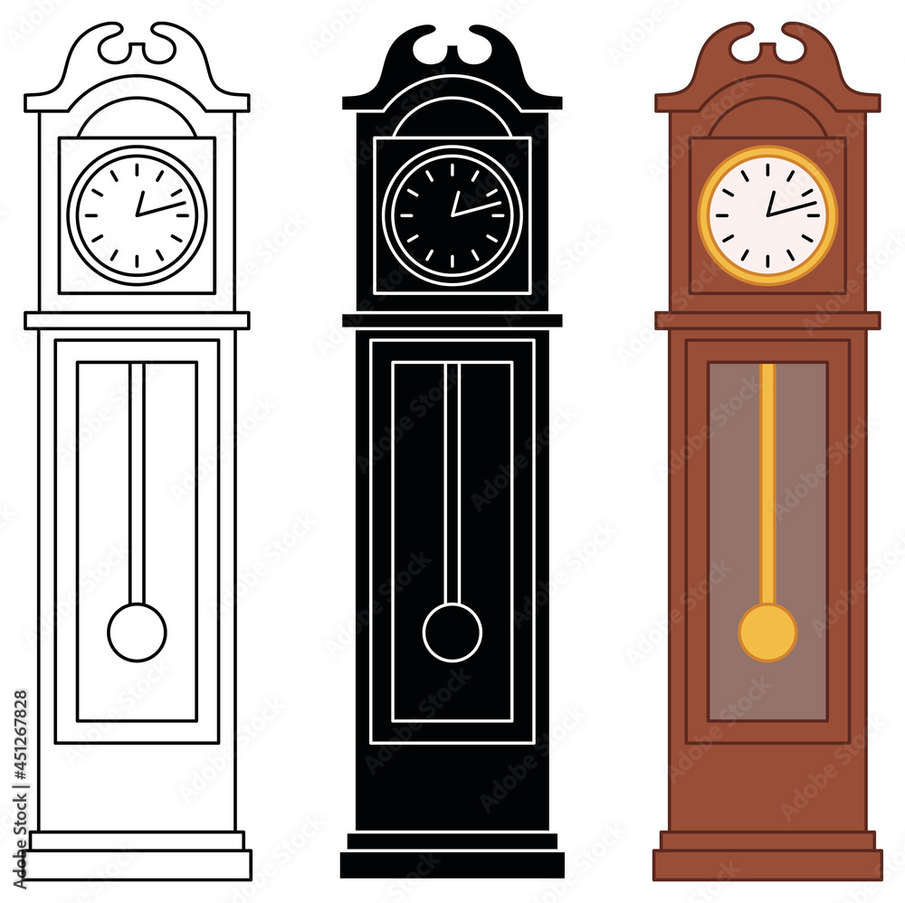 Vektorová grafika „Grandfather Clock Clipart Set - Outline, Silhouette