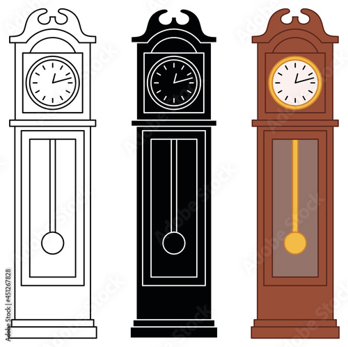 Grandfather Clock Clipart Set - Outline, Silhouette and Color