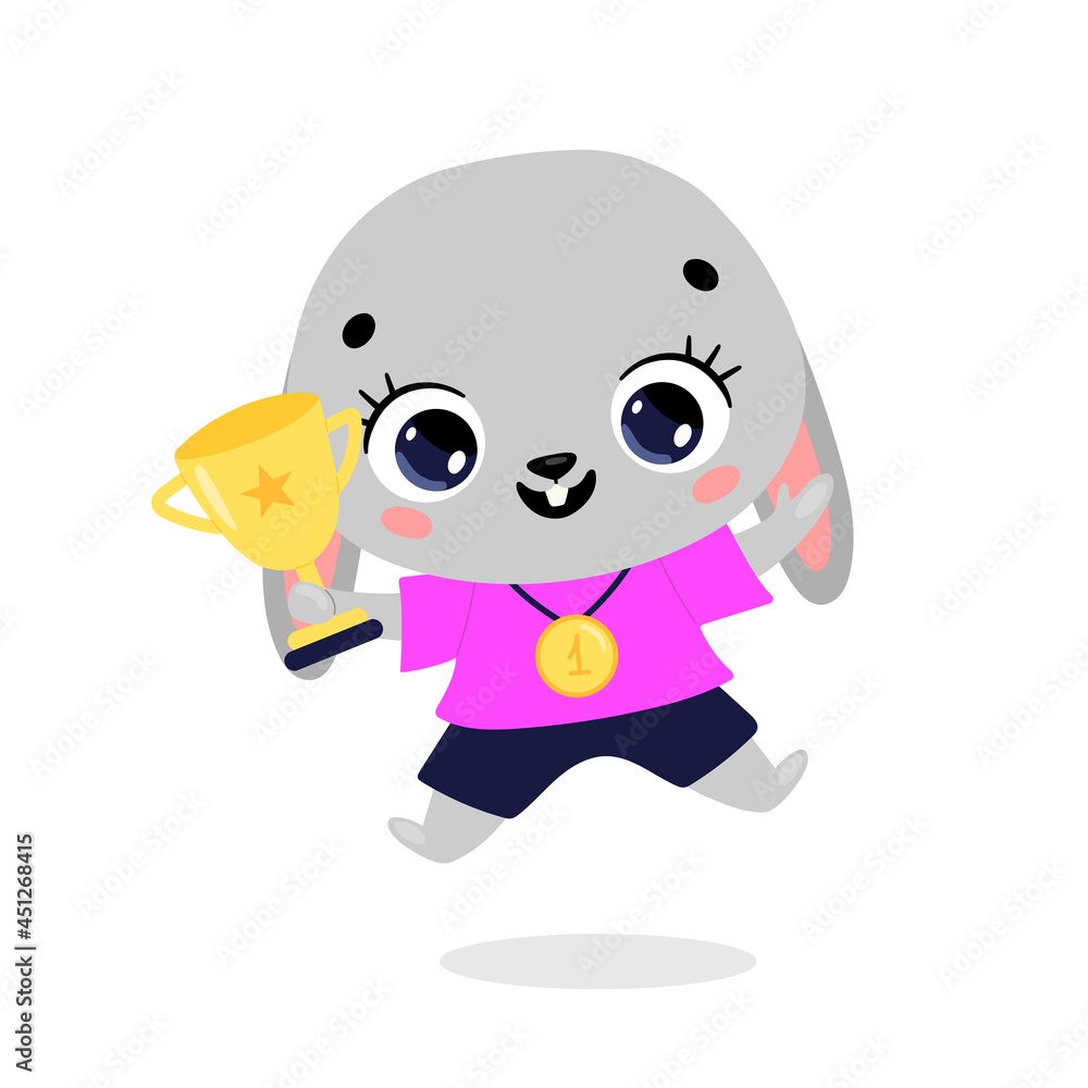 Cute cartoon flat doodle animals sport winners with gold medal and cup. Bunny sport winner Cute cartoon flat doodle animals sport winners with gold medal and cup. Bunny sport winner