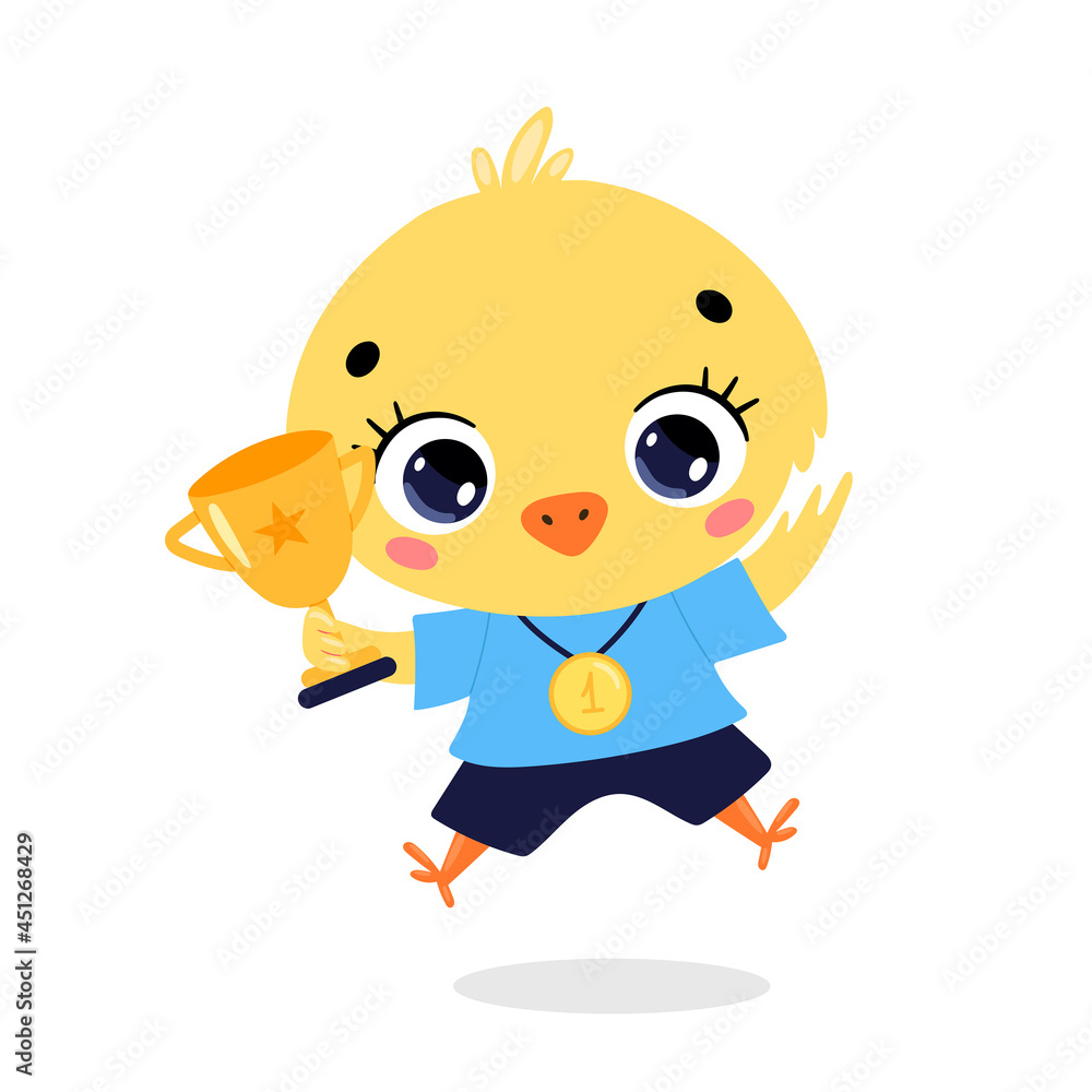 Cute cartoon flat doodle animals sport winners with gold medal and cup. Chicken sport winner Cute cartoon flat doodle animals sport winners with gold medal and cup. Chicken sport winner