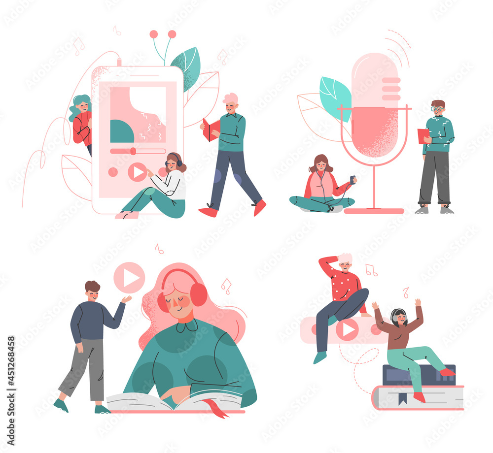 People Characters Listening to Podcast in Headphones Vector Set