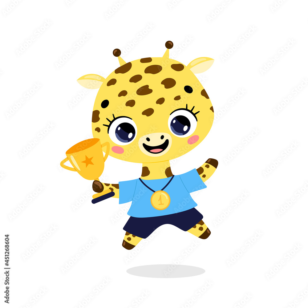 Cute cartoon flat doodle animals sport winners with gold medal and cup. Giraffe sport winner Cute cartoon flat doodle animals sport winners with gold medal and cup. Giraffe sport winner