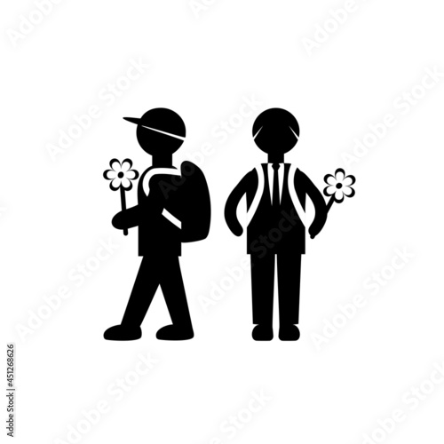 Vector icons of school boys first graders with a flower in hand, pictogram. Isolated over white background. Flat design