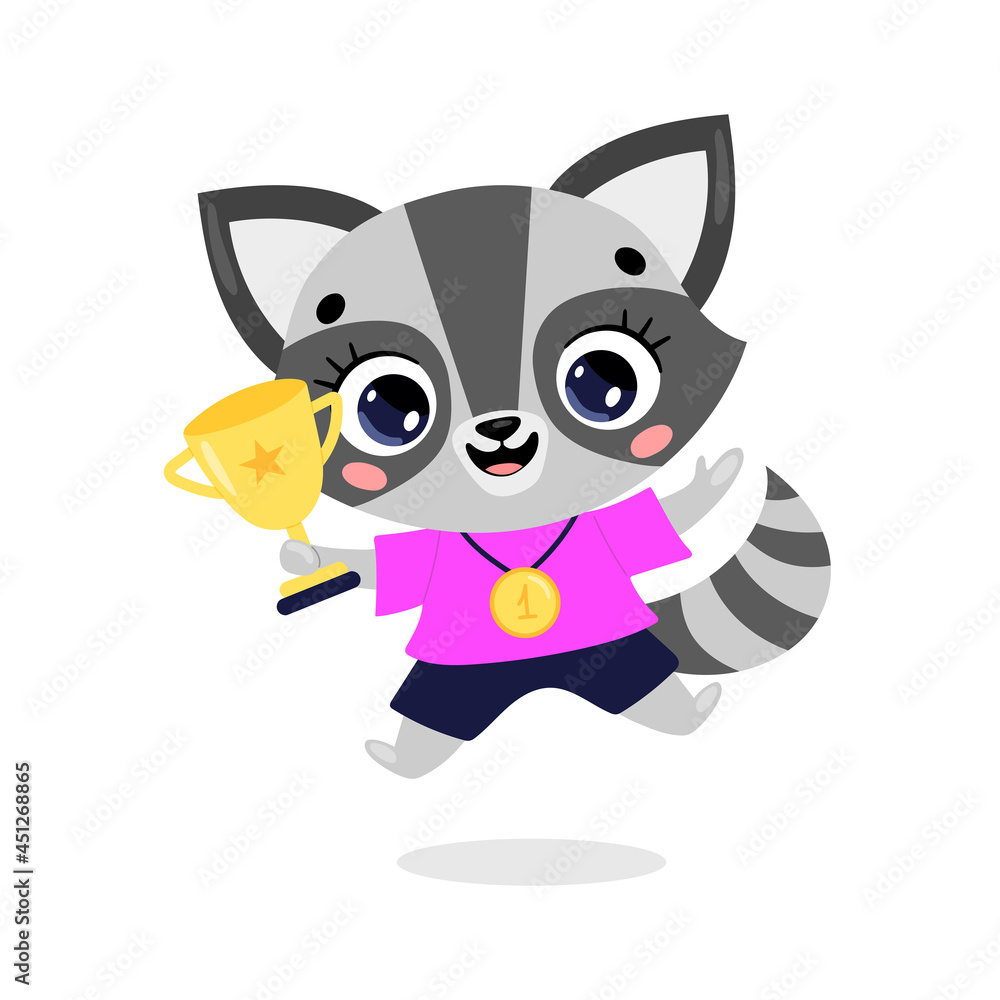 Cute cartoon flat doodle animals sport winners with gold medal and cup. Raccoon sport winner