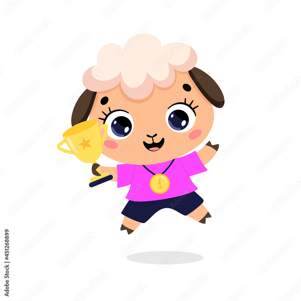 Cute cartoon flat doodle animals sport winners with gold medal and cup. Sheep sport winner Cute cartoon flat doodle animals sport winners with gold medal and cup. Sheep sport winner