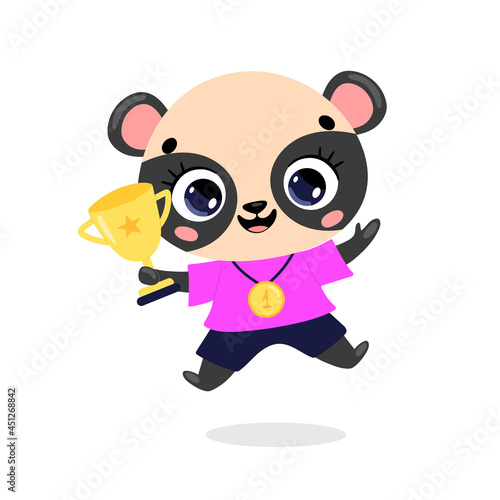 Cute cartoon flat doodle animals sport winners with gold medal and cup. Panda bear sport winner