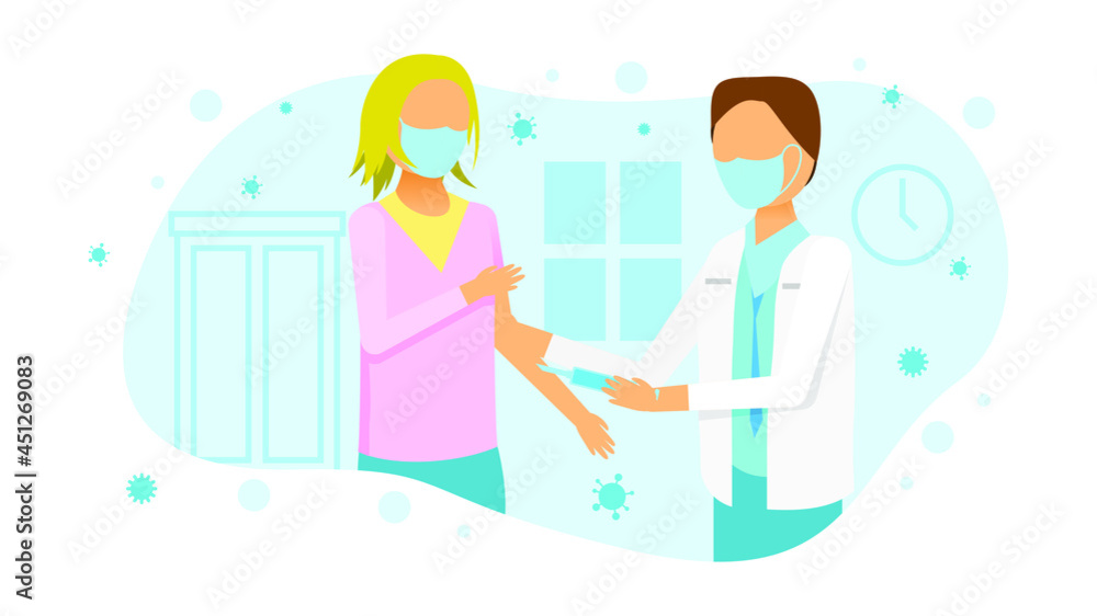 Abstract Flat Medic Woman Vaccinates Patient And They Are Both Wearing Masks Cartoon People Character Concept Illustration Vector Design Style Coronavirus COVID-19 Mass Vaccination Healthcare Epidemic