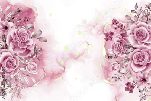 Watercolor background with rose gold flowers and leaves