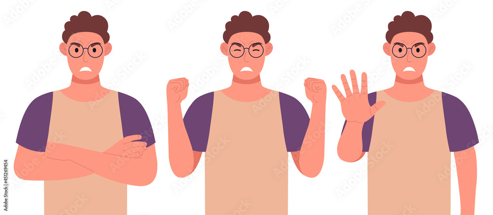 Men in glasses and curly hairstyle. Angry male character in different poses shows the emotion of aggression. Vector illustration. Men in glasses and curly hairstyle. Angry male character in different poses shows the emotion of aggression. Vector illustration.
