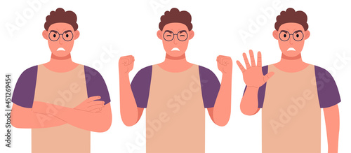 Men in glasses and curly hairstyle. Angry male character in different poses shows the emotion of aggression. Vector illustration.