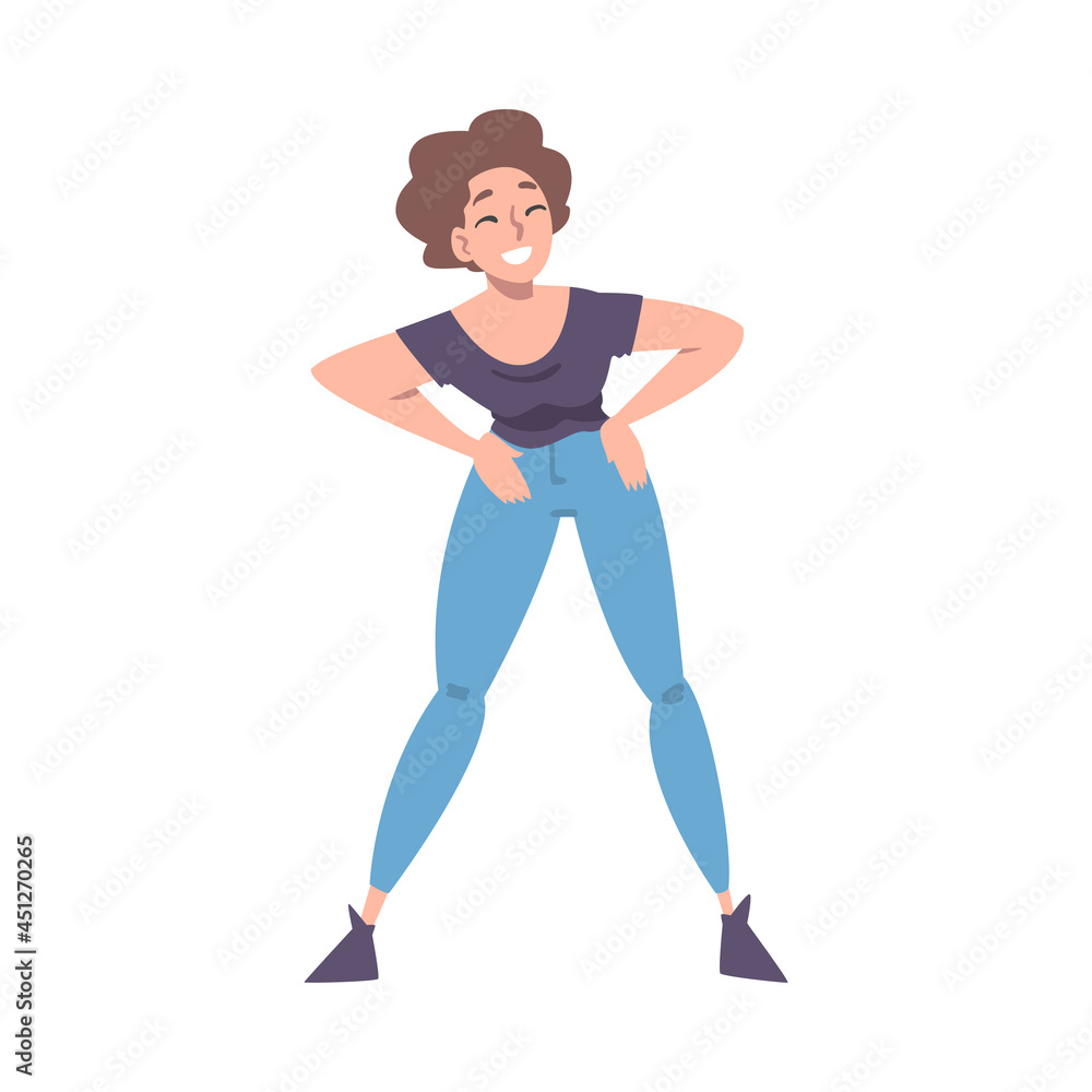 Fototapeta premium Positive Woman Character Standing with Smiling Face Feeling Euphoric and in High Spirits Vector Illustration