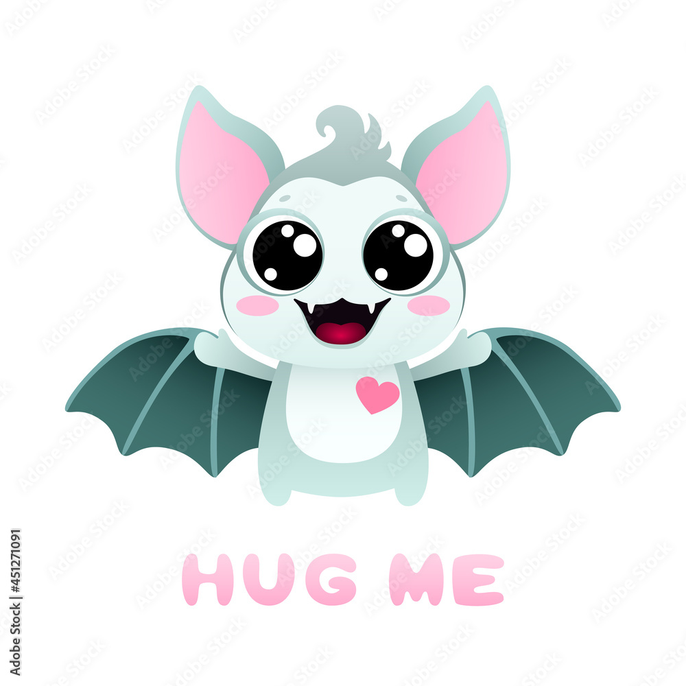 funny cartoon little bat with pink heart. cute animal on white background with lettering text - hug me. vector illustration funny cartoon little bat with pink heart. cute animal on white background with lettering text - hug me. vector illustration