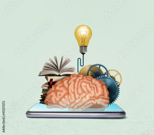Art collage with a smartphone, brain, stack of books, gears and a light bulb. Online education, new idea. Concept