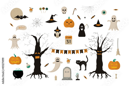 Halloween illustration set. Collection for sticker pack. design, greeting cards,isolated icons, decoration, poster.