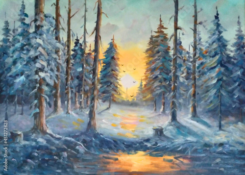 Original oil painting The sunset on the forest
