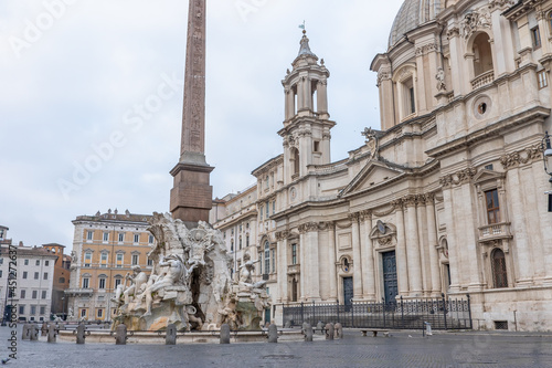 Empty Navona Square with the Fountain of the Four Rivers. Rome. Italy. Horizontally. 