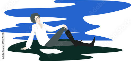 A young man of the 19th century is sitting on the grass and composing poems. Vector illustration in the style of flat design.