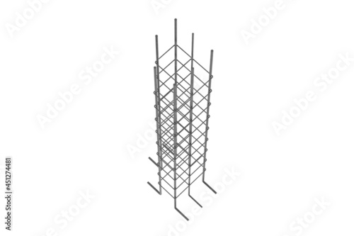 Constructive assembly. Strengthening the foundation and walls of an existing building. Foundation sole with reinforced concrete strut. Spatial reinforcement cage. 3d render illustration
