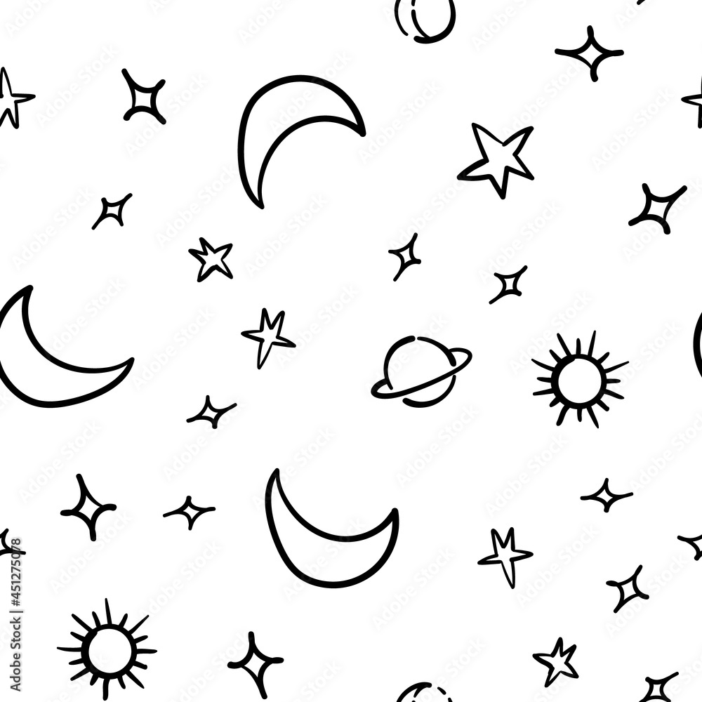 Obraz premium Stars, planets and moons seamless pattern. Hand drawn sky element doodles. Background texture. Space, universe and cosmos.