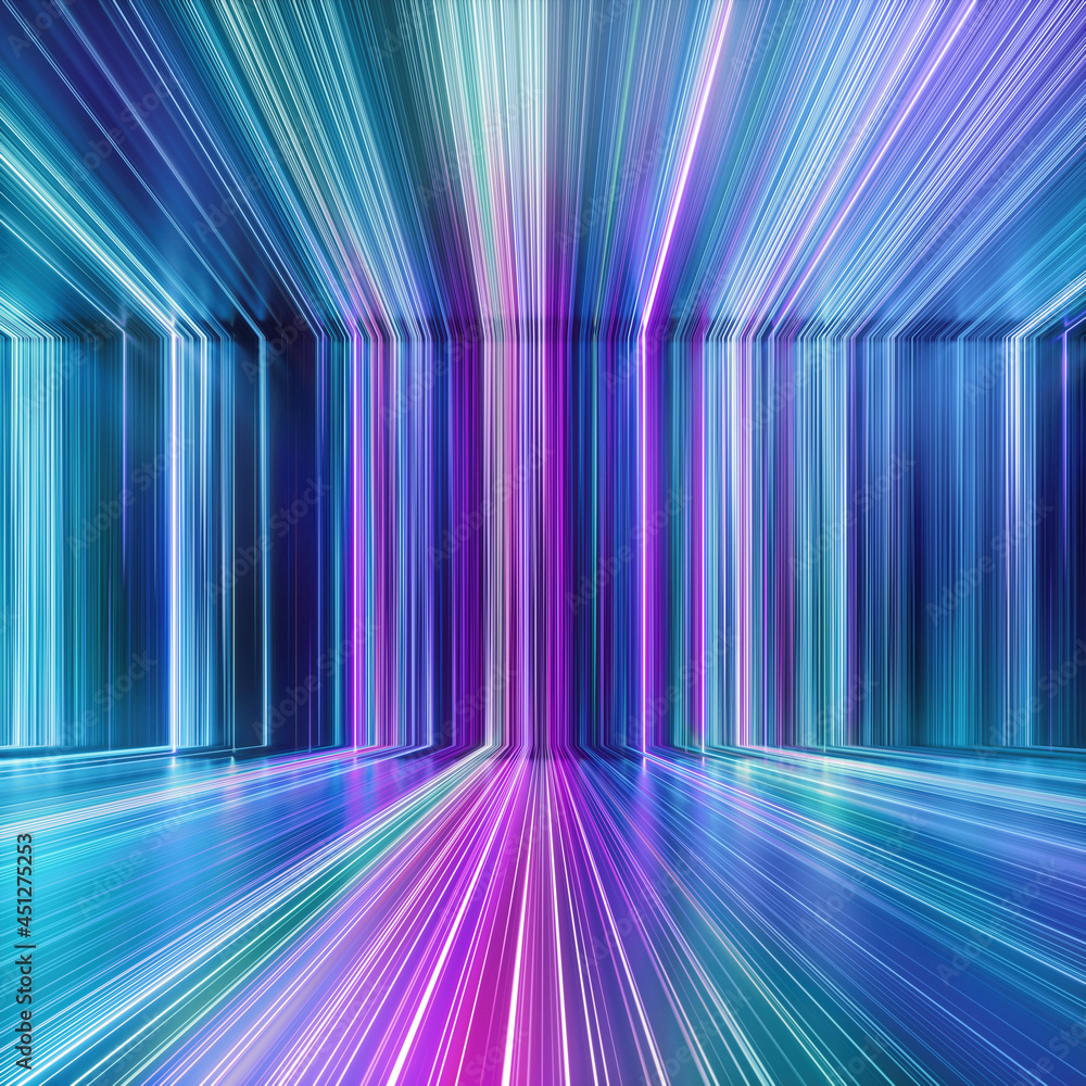 3d render, abstract blue pink neon background with glowing lines. Empty ...