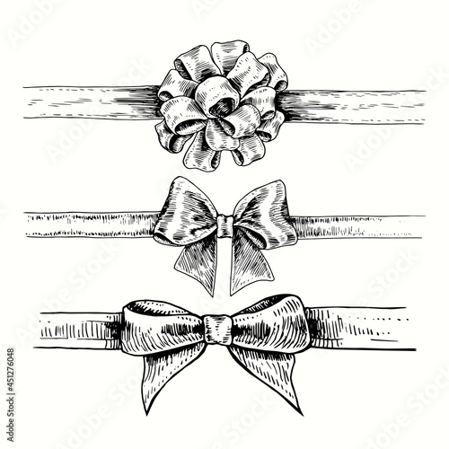 Hand drawn pull bow collection, classic with ribbon, top view. Ink black and white drawing illustration