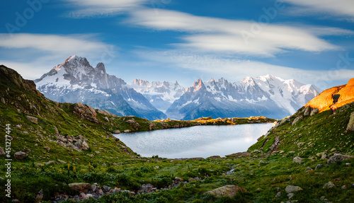 Picturesque scene of Lac Blanc on the background of Mont Blanc glacier. Chamonix resort, Graian Alps, France, Europe.