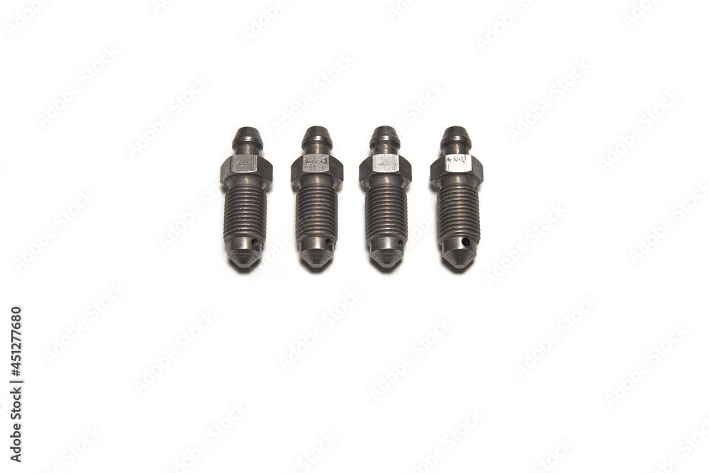 Breather valves of brake caliper on white background. Breather valves of brake caliper on white background.