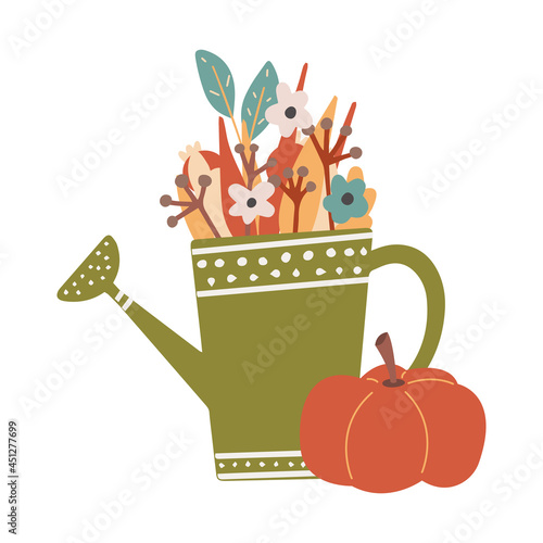 Cute fall clipart colourful watering can and pumpkin cozy design elements