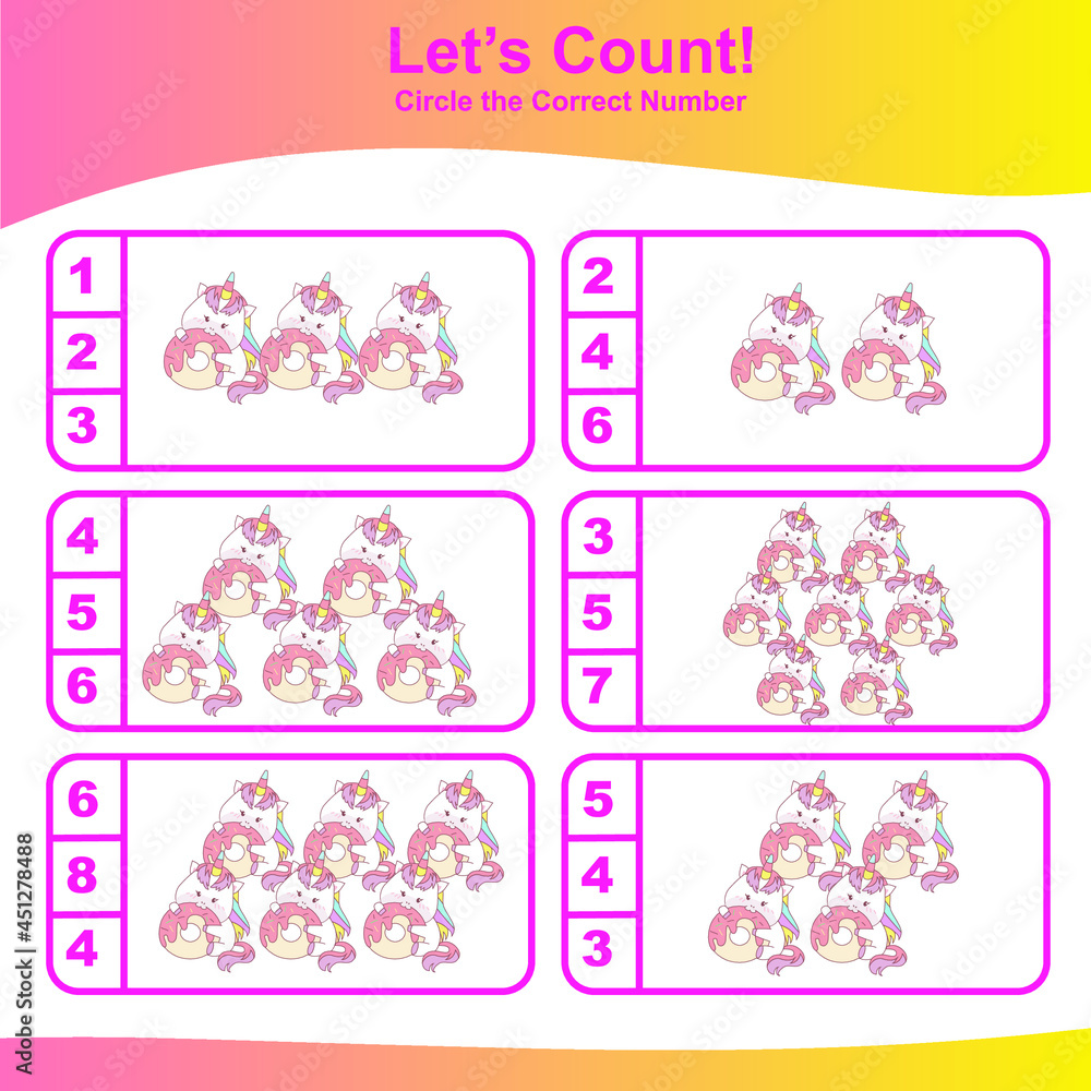Count and Match Unicorn Game for kids. Unicorn counting game.  Math Worksheet for Preschool. Educational printable math worksheet. Vector illustration. 