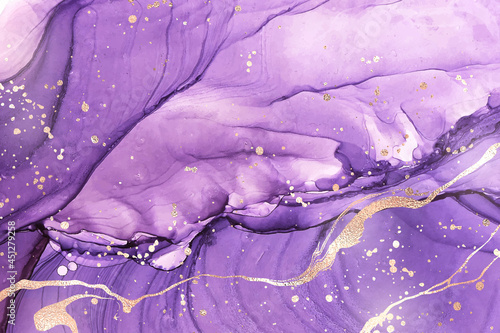 Abstract luxury lavender liquid watercolor background with golden stains. Pastel violet marble alcohol ink drawing effect. Vector illustration design template for wedding invitation