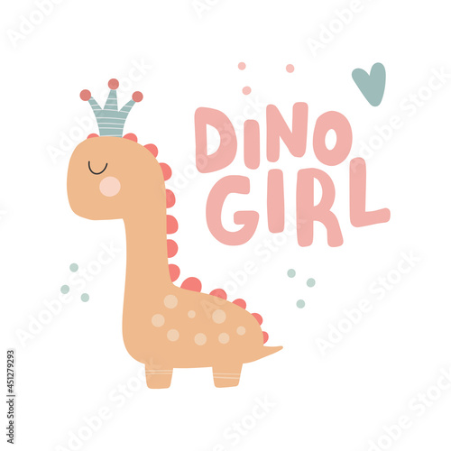 Dino baby princess with cute lettering. Simple nursery art for baby girl cute print.