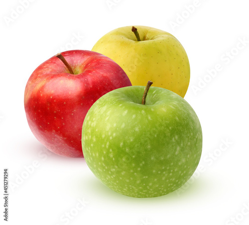  yellow, red and green apples on white background.