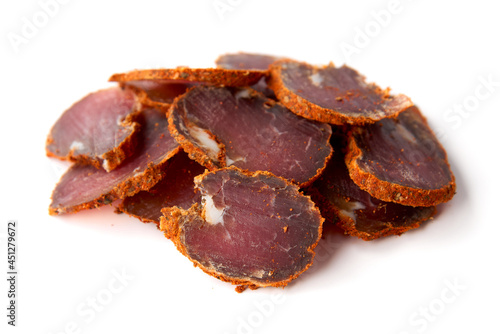 Dried meat beef jerky dry isolated on white background.