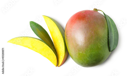 Ripe mango and mango slices isolated on white background. Fresh fruits.