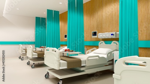 Hospital room with beds .Empty bed  and wheelchair in nursing  a clinic or hospital . 3d room and comfortable sofa rendering.Luxury patient bed  illustration.Modern hospital health care concept.