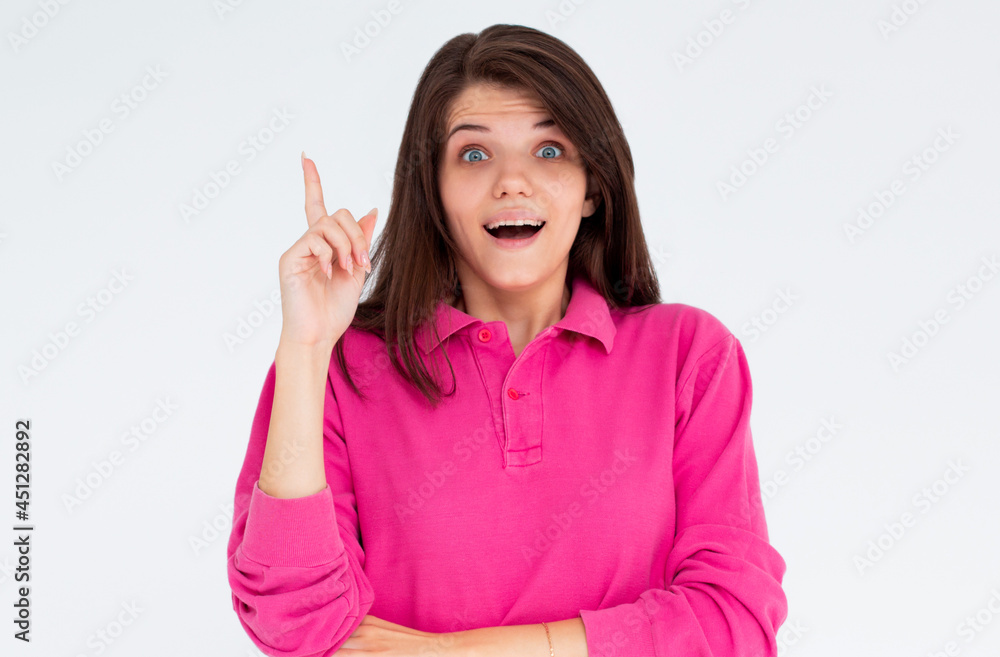 European woman over isolated white background pointing up and surprised, she has an idea European woman over isolated white background pointing up and surprised, she has an idea