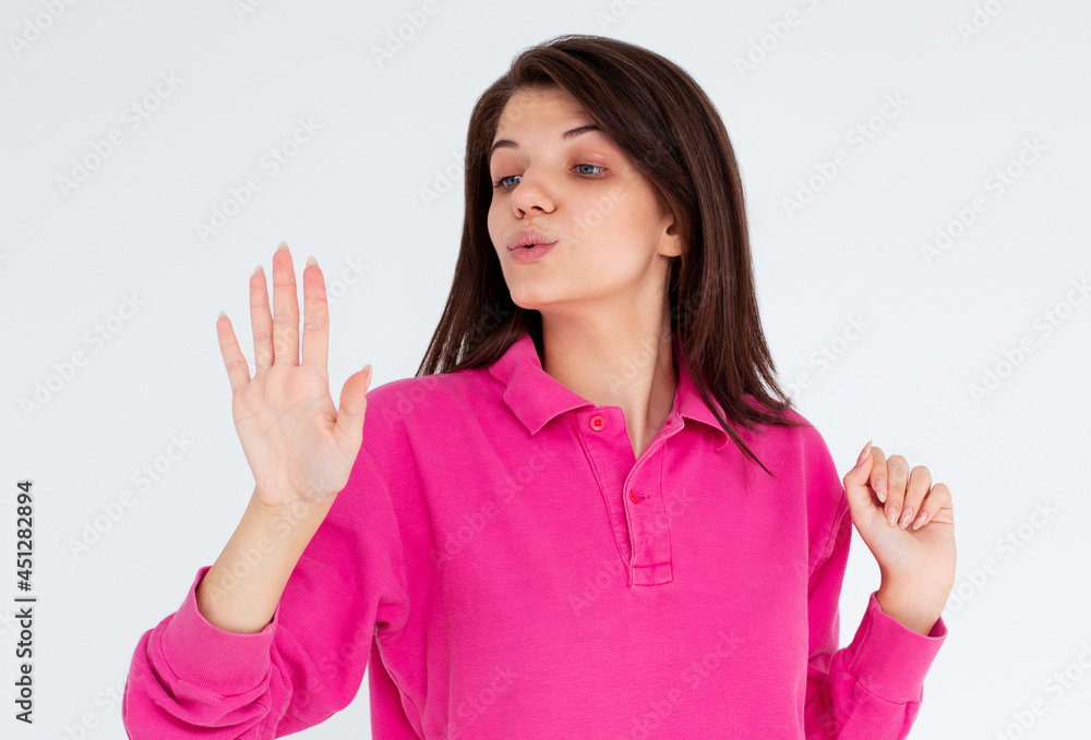 European woman look on manicured nails, has glad expression, smiles happily, glad after visiting manicurist, isolated over white background European woman look on manicured nails, has glad expression, smiles happily, glad after visiting manicurist, isolated over white background