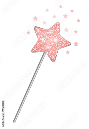 Silver magic wand with pink glitter and magic stars. 