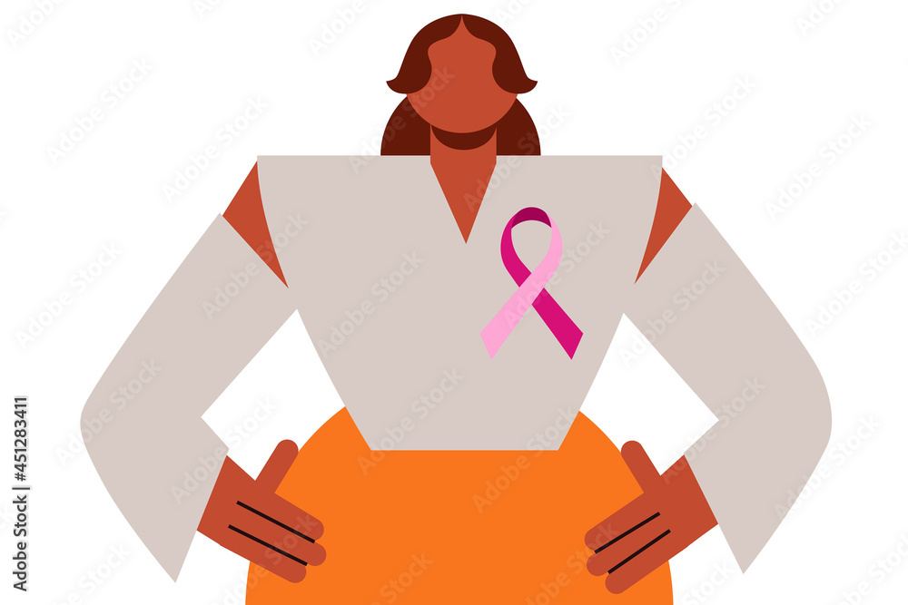 Breast cancer awareness concept. Pink ribbon. Health care, supporting survivors. Character design. Minimal colorful, vector illustration on a white background Breast cancer awareness concept. Pink ribbon. Health care, supporting survivors. Character design. Minimal colorful, vector illustration on a white background