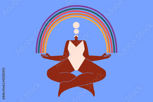 Dark-skinned woman under, meditating, sitting in the lotus position. Padmasana. Sexuality, queer, pride. LGBTQ+ community, celebration of self. Body, self-acceptance, self-care, joy.  photo