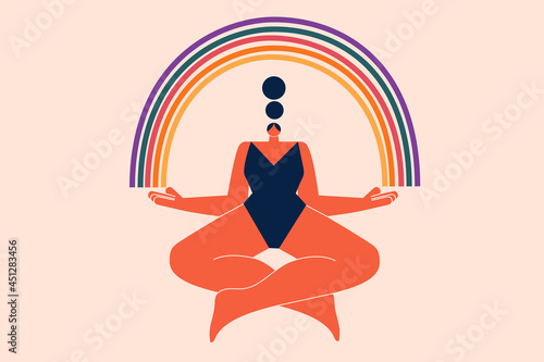 Latina woman sitting in the lotus position under a rainbow. Sexuality, queer, pride. LGBTQ+ community, celebration of self. Character design, Modern colorful vector illustration photo