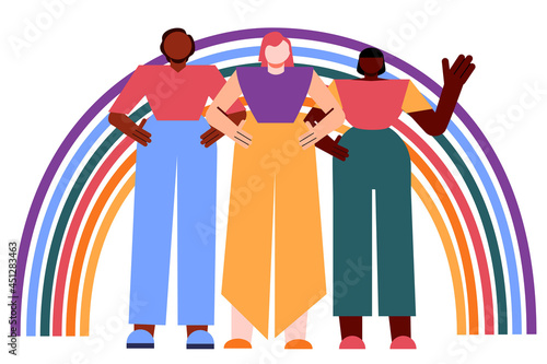 Tree colorful diverse people under a rainbow. Gay, sexuality, queer, pride. LGBTQ+ community, support, celebration of self. Joy. Character design, Modern colorful vector illustration photo