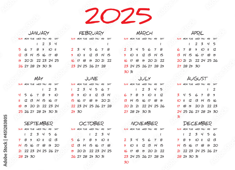 Monthly calendar template for 2025 year, simple calendar design