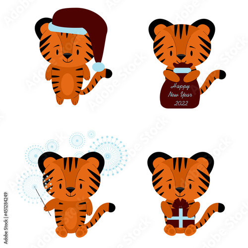New Year set 2022 with different tiger cubs. With a bag of gifts, with a santa hat, with a gift box, with a sparkler